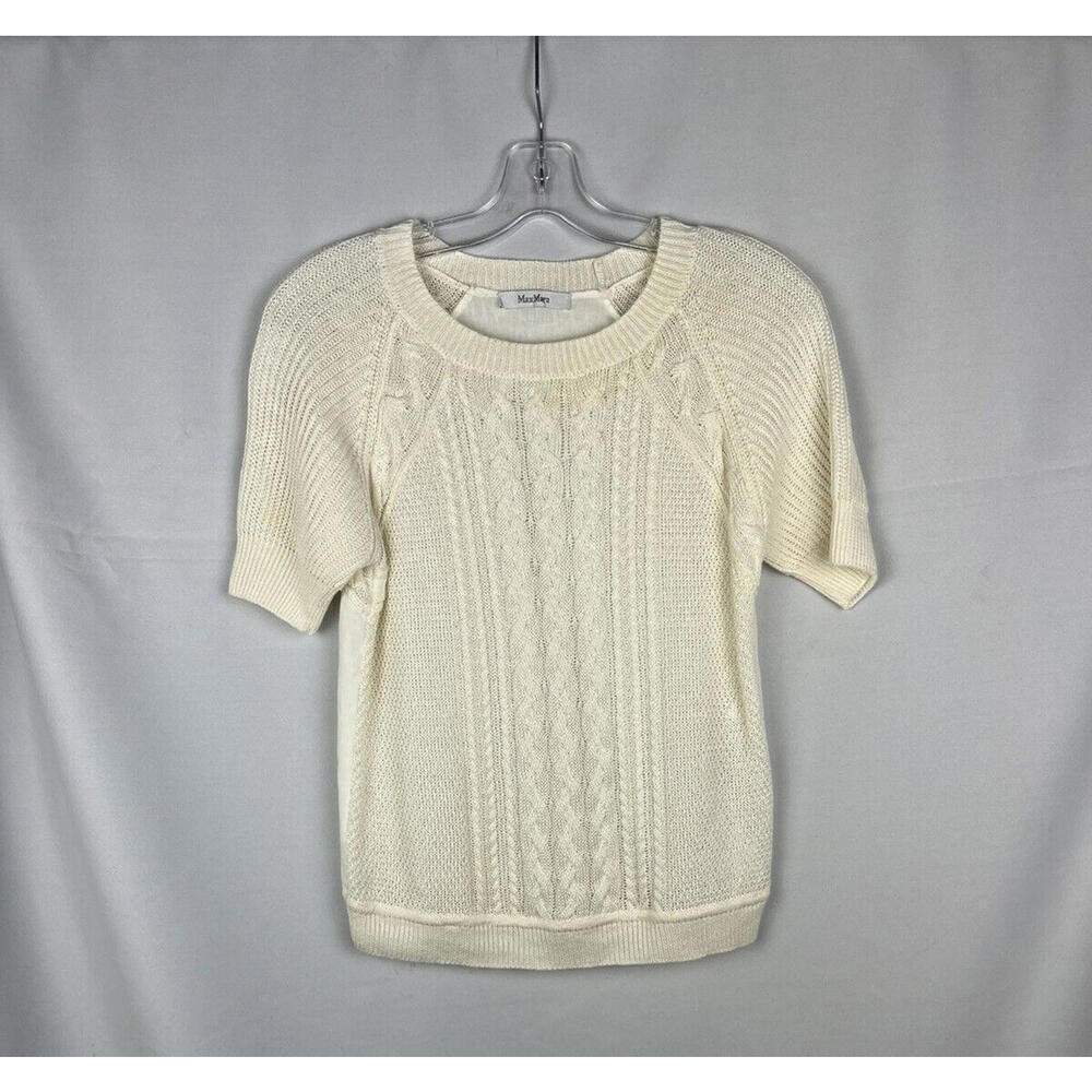 Max Mara Cable Knit Linen Short Sleeve Sweater Top Beige Size XS